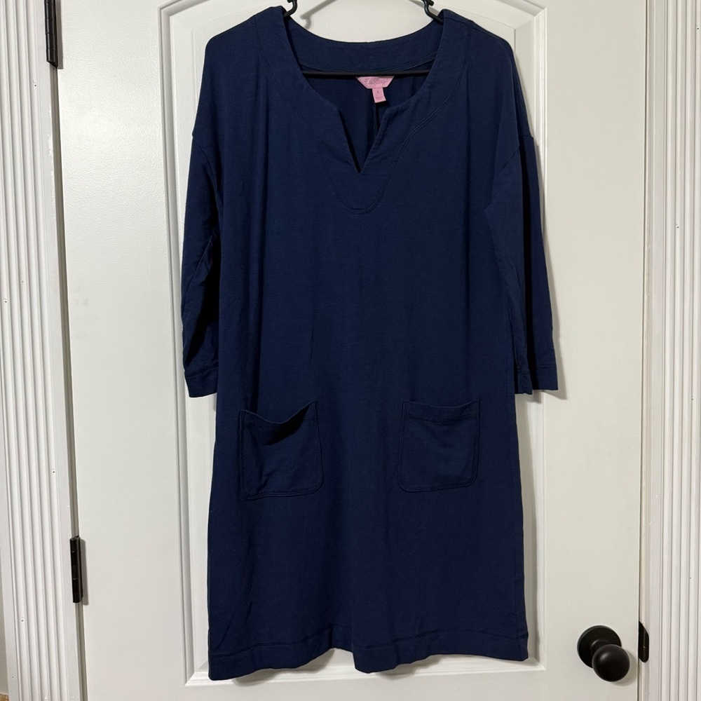 Lilly Pulitzer Joyce French Terry Dress Women’s Size Small Navy 3/4 Sleeve VNeck